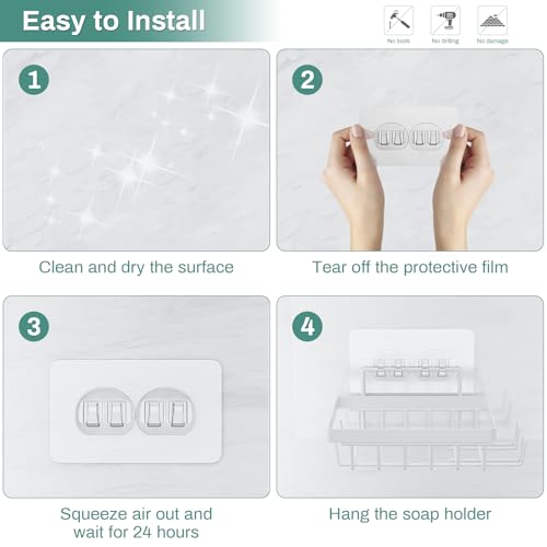 Oasiteege Adhesive Shower Soap Dish with Hooks - Self-Draining Wall Mount
