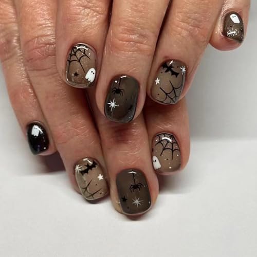 Halloween Press on Nails Short Square Brown Spider Web False Nails 24 Pcs