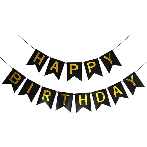 Happy Birthday Banner Set - Black & Gold Party Decor for All Ages