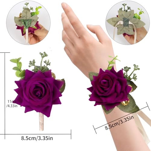 Purple Velvet Wrist Corsage & Boutonniere Set for Weddings