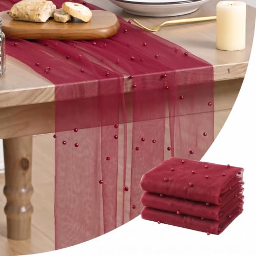 3-Pack Pearl Burgundy Gauze Table Runners 28x120 Inches Home Decor