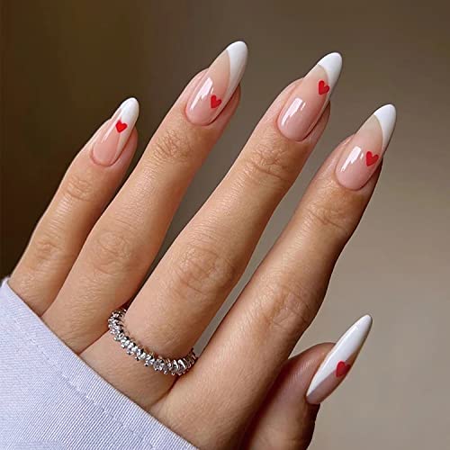 FRUZJAY 48 Pcs Medium Almond Press on Nails Valentine Heart Fake Nails