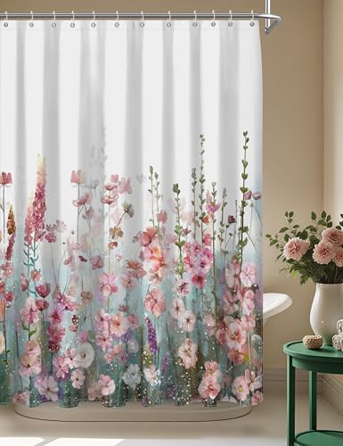 SUMGAR Pink Floral Shower Curtain, 72x72 Inch Fabric Bath Curtain Set