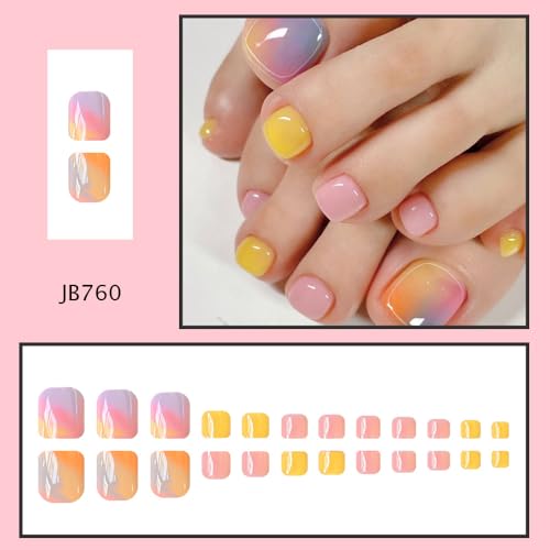 Press on Toenails Colorful Gradient Short Square Fake Toenails Glossy Acrylic Toe Nails 24 Pcs