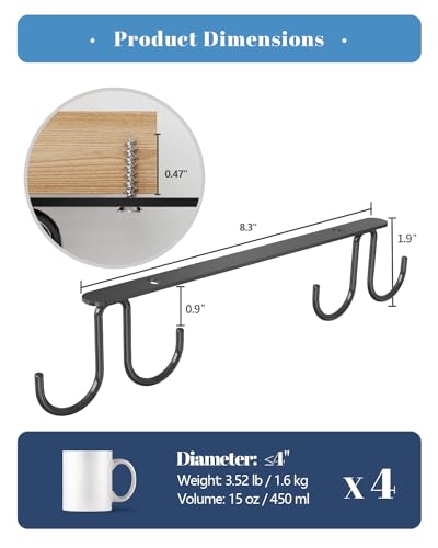 Luckinow Black Mug Hooks Under Cabinet - 3 Pack Metal Cup Rack