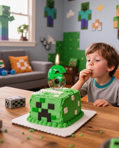 Pixel Number 6 Birthday Candle, Green Miner Theme Cake Topper (2.68 Inch)