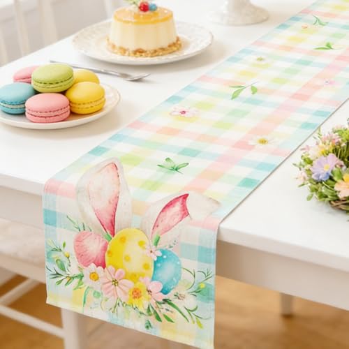 Easter Table Runner 13x72 Inch Pastel Plaid Linen with Bunny Ears and Spring Florals