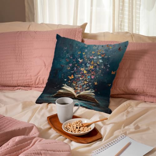 Butterfly Book Throw Pillow Cover - Dark Academia 18x18 Inch (02-a-fantasy)