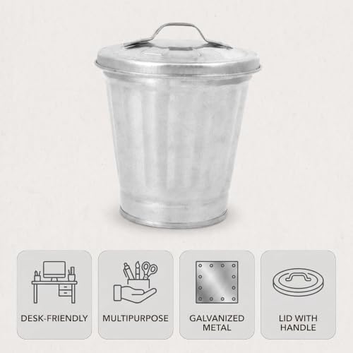 Mini Silver Galvanized Trash Can with Lid – Compact Wastebasket