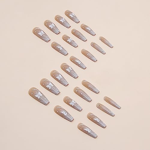 Press on Nails Long Coffin French Nude Pink Butterfly Fake Nails