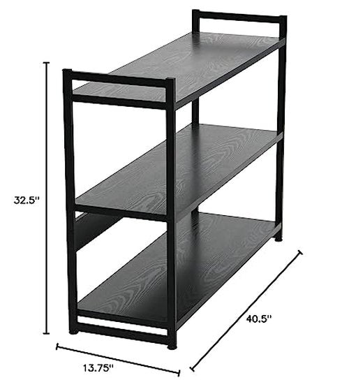 Household Essentials Jamestown Wide 3 Shelf Open Storage Bookshelf Black Oak Wood Grain and Black Metal