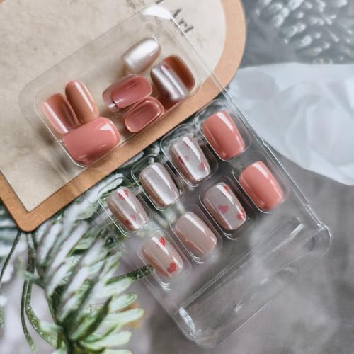 Short Square Heart Press on Nails Nude Glossy Gradient False Nails