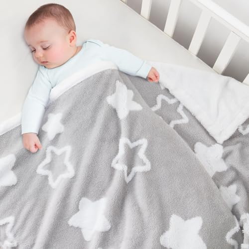 Grey Reversible Baby Blanket for Toddlers - Ultra Soft Star Jacquard Fleece, 33x43 Inches