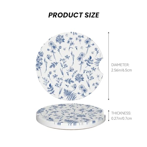 Vintage Blue Flower Car Coasters - 2 Pack Ceramic Cup Holder Accessories