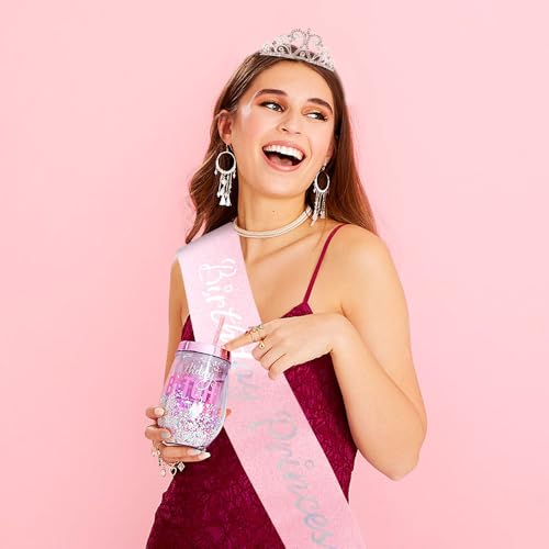 AOPRIE Birthday Sash and Rhinestone Tiara Set for Women, Pink 2-Pack