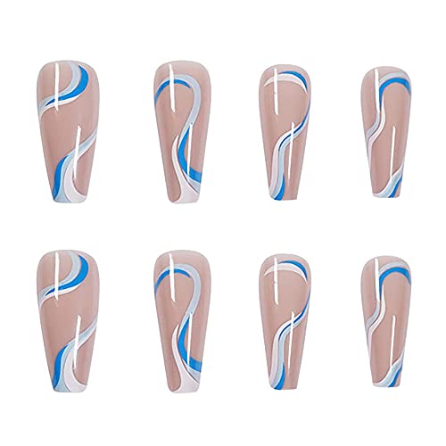 Extra Long Coffin Press on Nails Blue Abstract Swirl False Nails 24Pcs