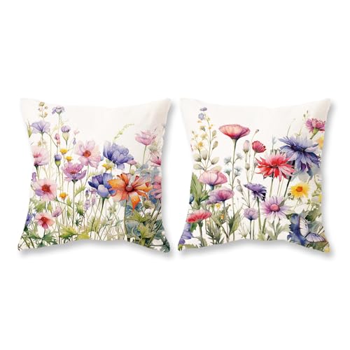 TAJWE Spring Floral Pillow Covers 18x18 Inch Set of 2 - Farmhouse Decorative Cushion Cases for Sofa & Couch