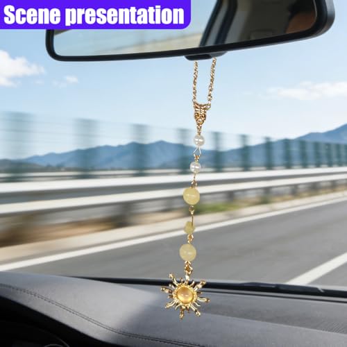 Boho Natural Stone Car Mirror Charm - Sun Pendant Decoration