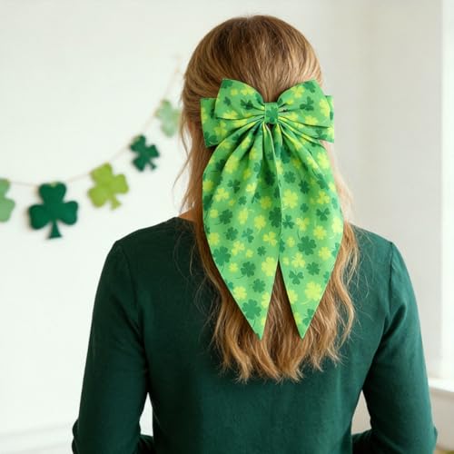 St. Patrick's Day Large Green Shamrock Bow Hair Clip Satin Barrette