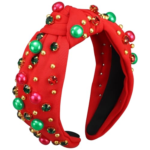 Christmas Rhinestone Pearl Headband - Red Crystal Knotted Hair Band