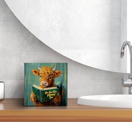 Highland Cow Wooden Box Sign Motivational Desk Decor 5x5 Inch