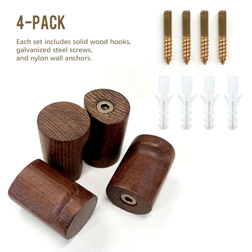 Natural Walnut Wood Wall Hooks - 4-Pack Heavy-Duty Coat & Hat Hangers