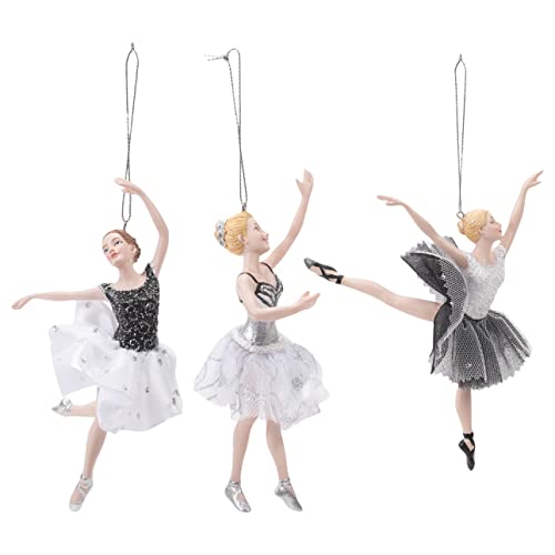 Set of 3 Black Silver White Ballerina Christmas Ornaments - Whimsical Holiday Decor