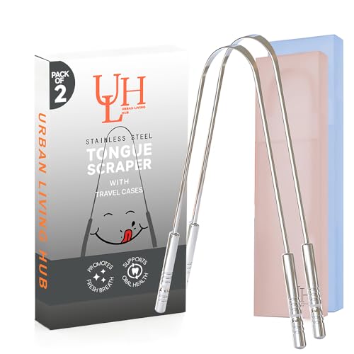 Stainless Steel Tongue Scraper 2 Pack with Travel Cases for Bad Breath