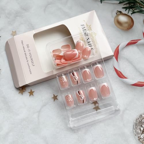 White French Tip Press on Nails Short Square False Nails with Hearts