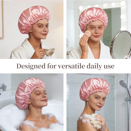 Confvrter Satin Lined Shower Cap Waterproof for Curly Hair Peach Pink