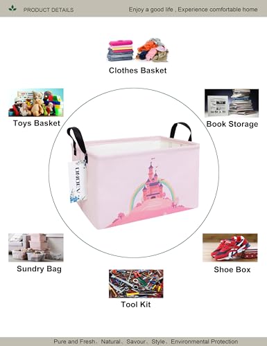 REC Pink Castle Storage Bin - Rectangular Cotton Organizer for Girls