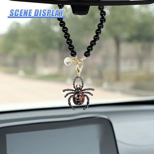 Spider Car Rearview Mirror Ornament Gothic Pearl Chain Pendant Red