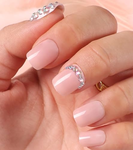 Kikmoya Short Square Press On Nails Glossy Nude Fake Nails with Rhinestones
