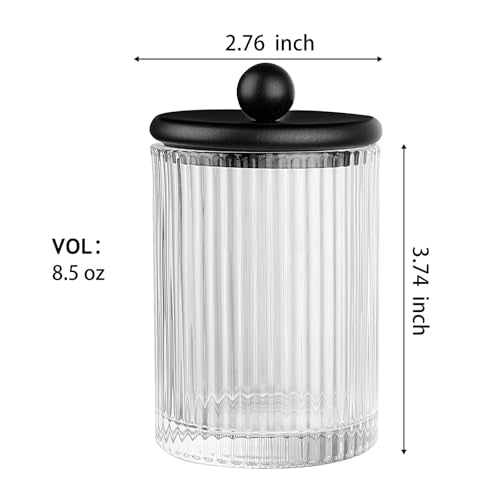 SheeChung 8.5oz Ribbed Glass Qtip Holder with Black Lid - Bathroom Jar