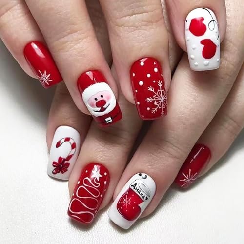 KKUUOO Christmas Press on Nails Square Glossy False Nails Santa Claus Design
