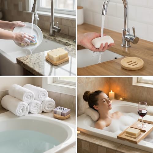 2 Pcs Wooden Soap Saver Dish Set - Natural Bamboo Self-Draining Shower Holders