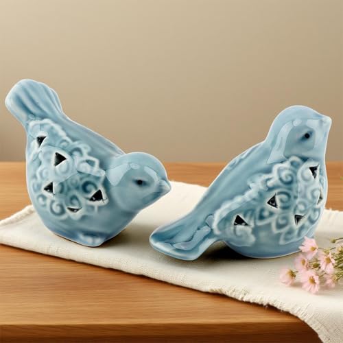 Set of 2 Blue Ceramic Bird Figurines for Home Decor