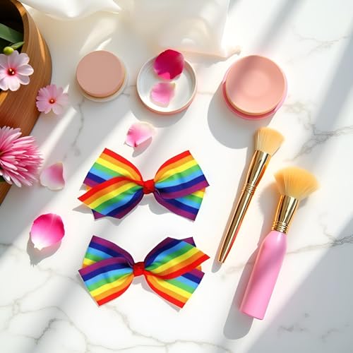 Rainbow Hair Bow Clips 4 Inch Ribbon Barrettes for Women and Girls