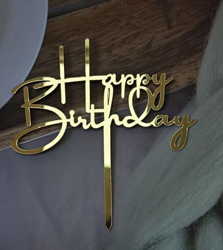 Gold Happy Birthday Cake Topper - Elegant Acrylic Decoration