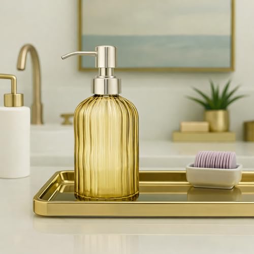 18 Oz Ribbed Glass Soap Dispenser with Rust-Proof Stainless Steel Pump - Refillable Bathroom & Kitchen Bottle, Gold