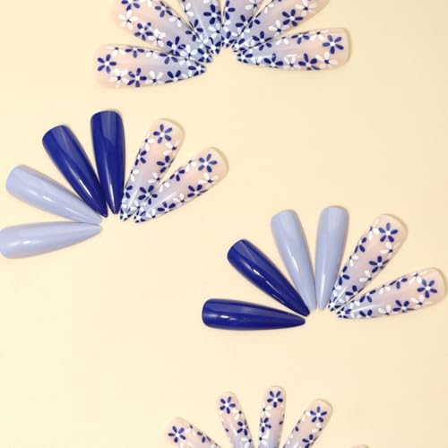 Blue Gradient Stiletto Press on Nails with Floral Designs, 24 Pcs