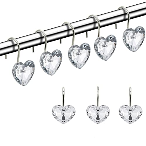 Crystal Heart Shower Curtain Hooks - Rust Resistant, Pack of 12