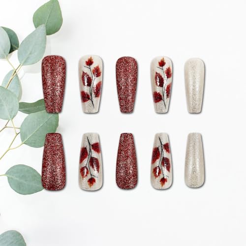 Fall Maple Leaf Press on Nails Medium Coffin Fake Nails with Glitter