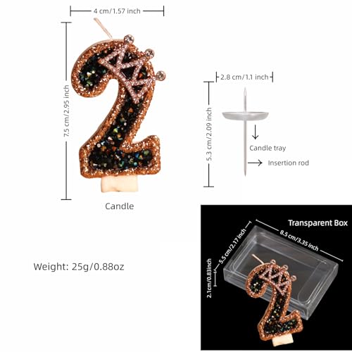 Black Gold Crown Number 2 Birthday Candle with Glitter Cake Topper