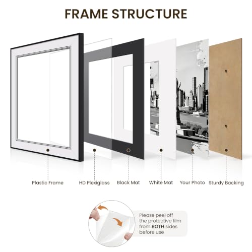 8x10 Picture Frame Black, Dual Mat for 5x7 or 6x8 Photos, Wall & Tabletop