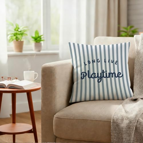 Blue and White Striped Flannel Throw Pillow Cover 18x18 for Nursery Decor
