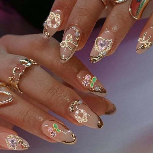 60PCS Gold Heart Cherry Nail Charms Y2K Rhinestone 3D Nail Art Gems