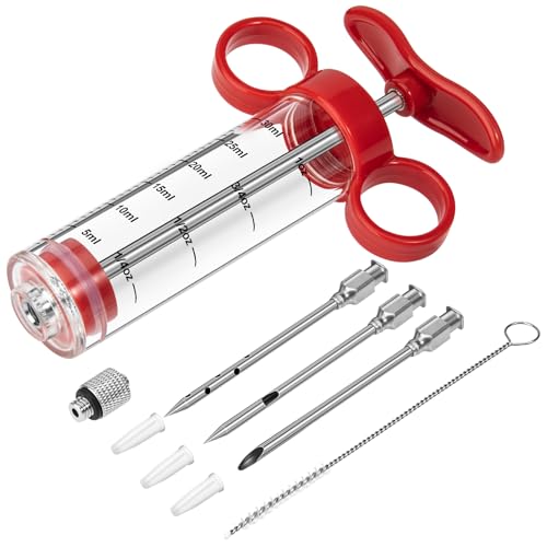 Kingsmile Red Meat Injector Syringe with 3 Needles - 1oz for BBQ & Smoking