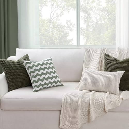Topfinel Set of 4 Soft Corduroy Decorative Pillow Covers - Olive Green Boho Stripe
