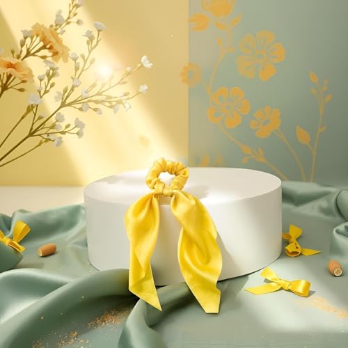 Yellow Satin Bow Scrunchies 2-Pack Ribbon Ponytail Hair Ties